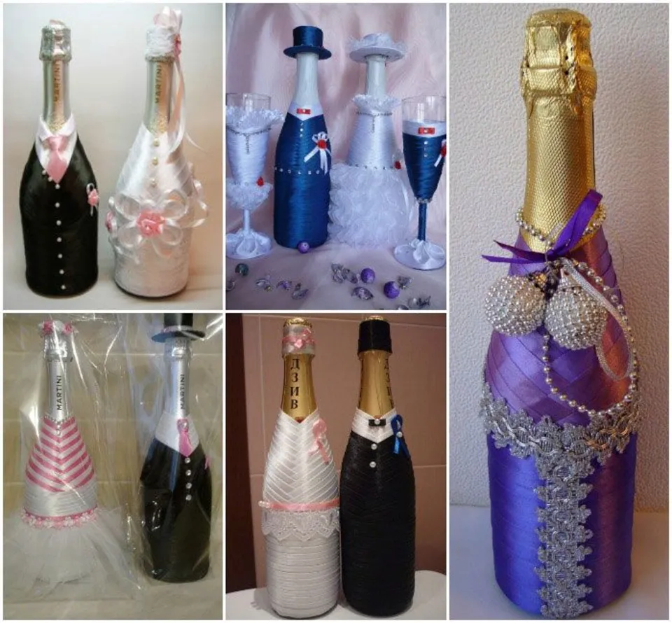 Оформление свадебных бутылок