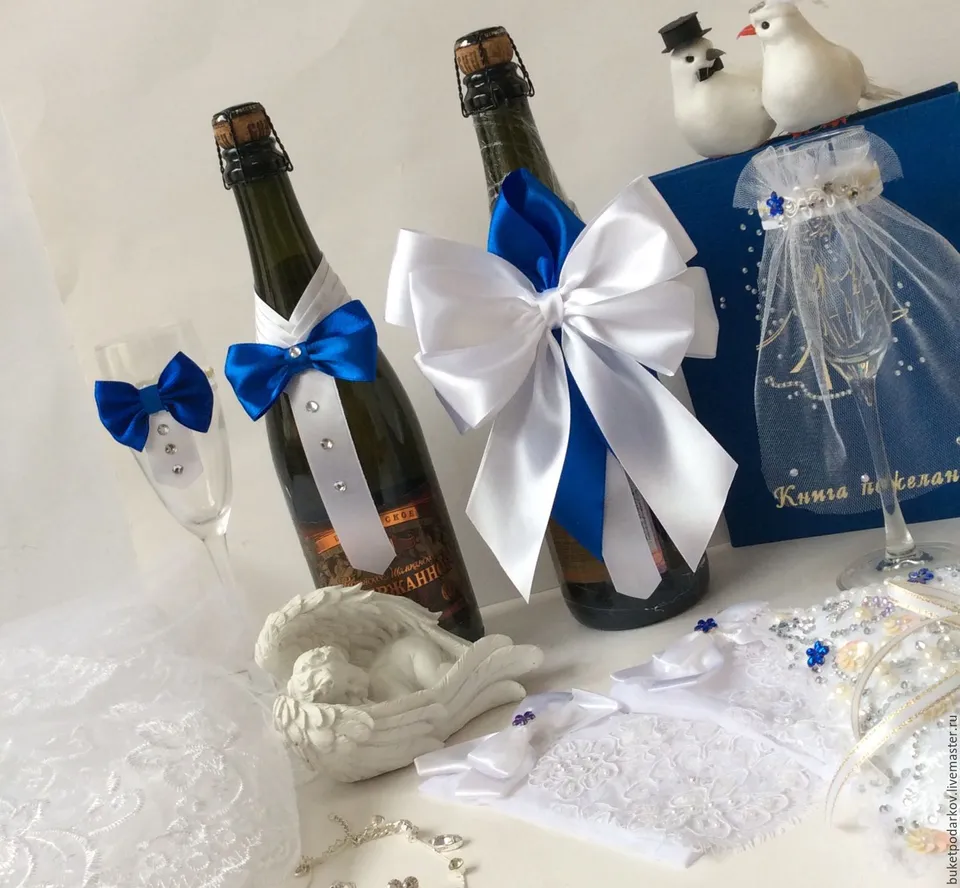 Украшение свадебных бокалов и бутылок